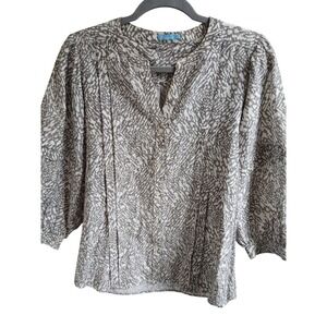 J. McLaughlin Women's‎ pintuck Print 3/4 Sleeve Silk Linen Blend Button Top L